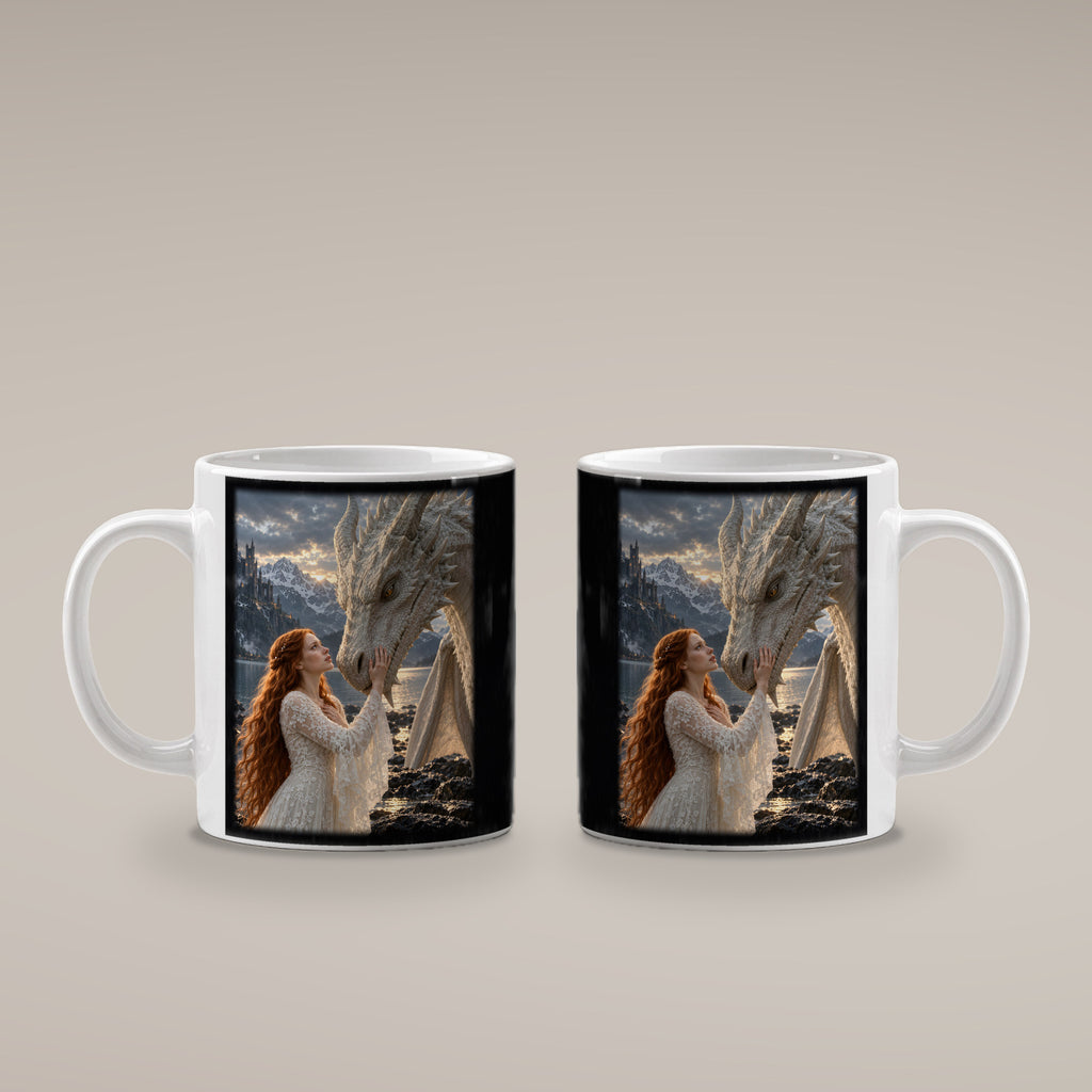 Vertrauen am Bergsee – Drachen-Tasse, weiß, beide Motivseiten