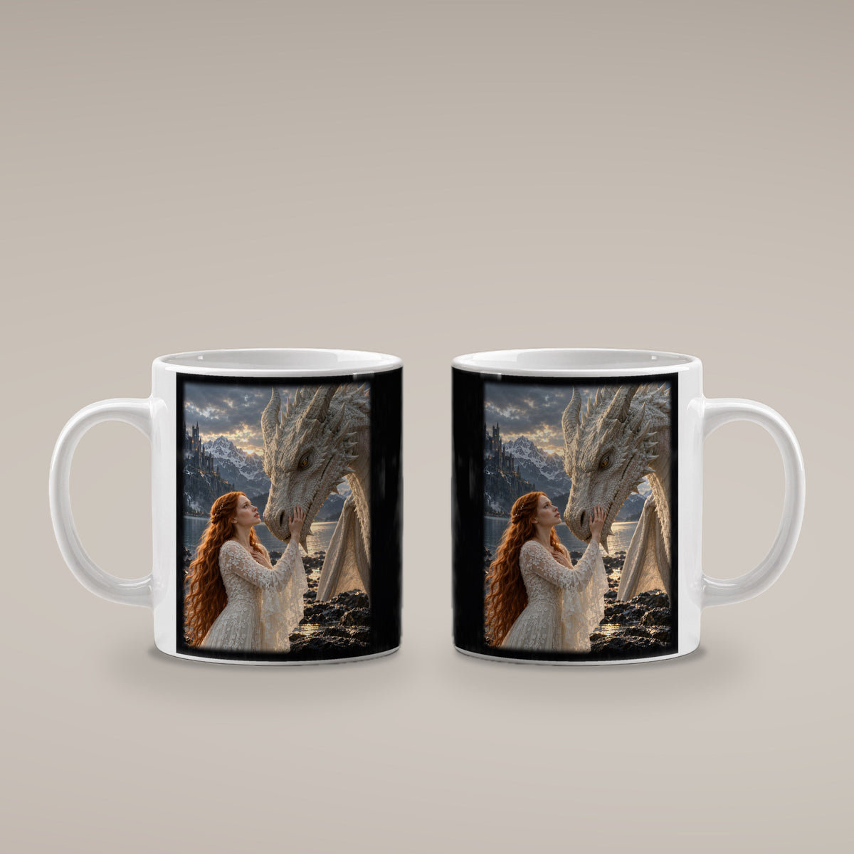 Vertrauen am Bergsee – Drachen-Tasse, weiß, beide Motivseiten