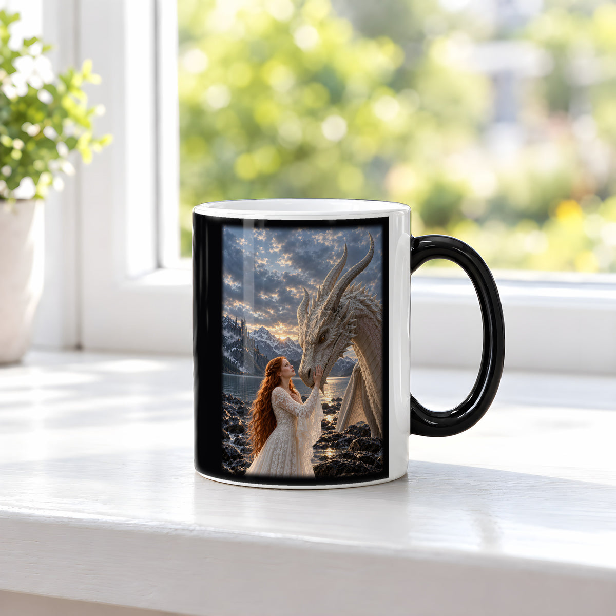 Der Bund mit dem Drachen – Drachen-Tasse, Black Edition, am Fenster