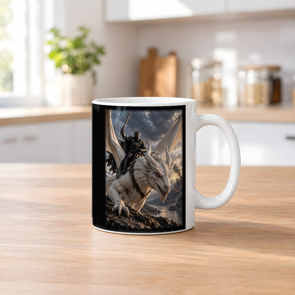 Aufbruch vom Grat – Drachen-Tasse, weiß, Küchenszene