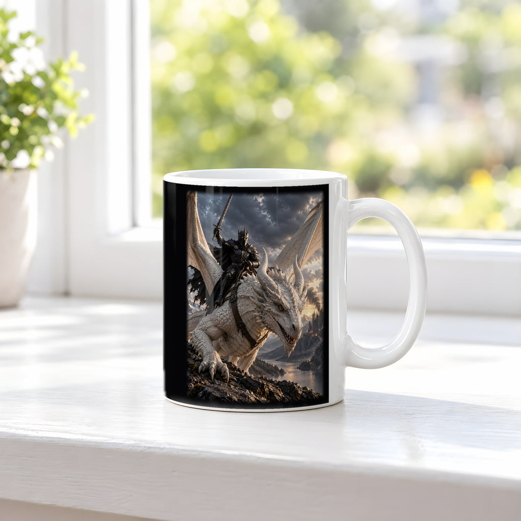 Aufbruch vom Grat – Drachen-Tasse, weiß, am Fenster