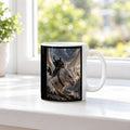 Aufbruch vom Grat – Drachen-Tasse, weiß, am Fenster