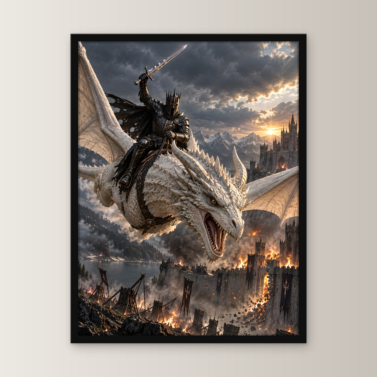 Anflug auf die Festung – Drachen-Wandbild im schwarzen Holzrahmen, Frontansicht