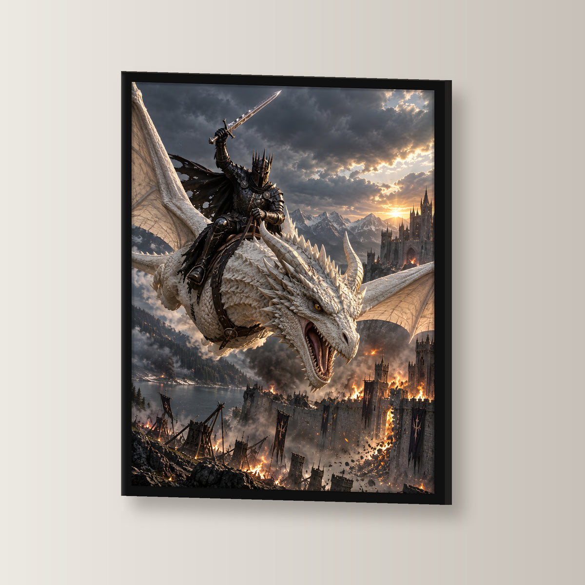 Anflug auf die Festung – Drachen-Wandbild im schwarzen Holzrahmen, seitliche Ansicht