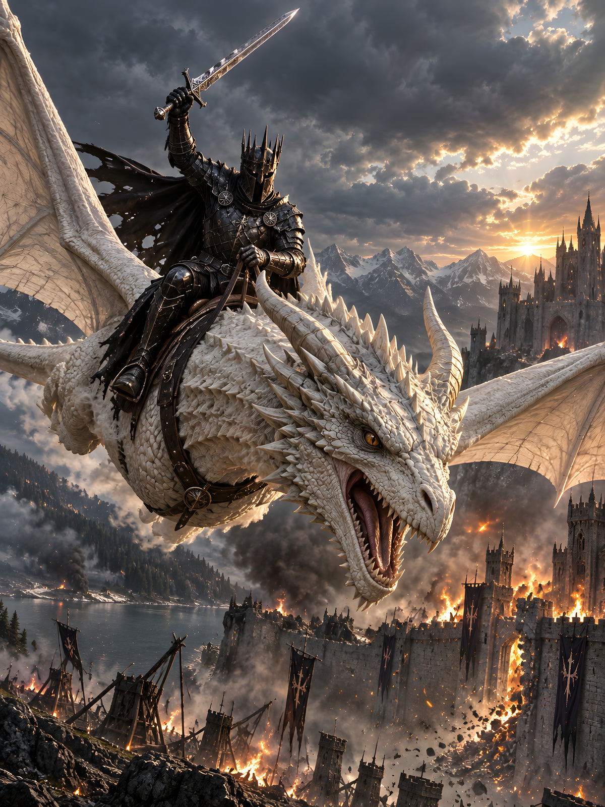Anflug auf die Festung – Drachen-Wandbild im schwarzen Holzrahmen, Motiv im Detail