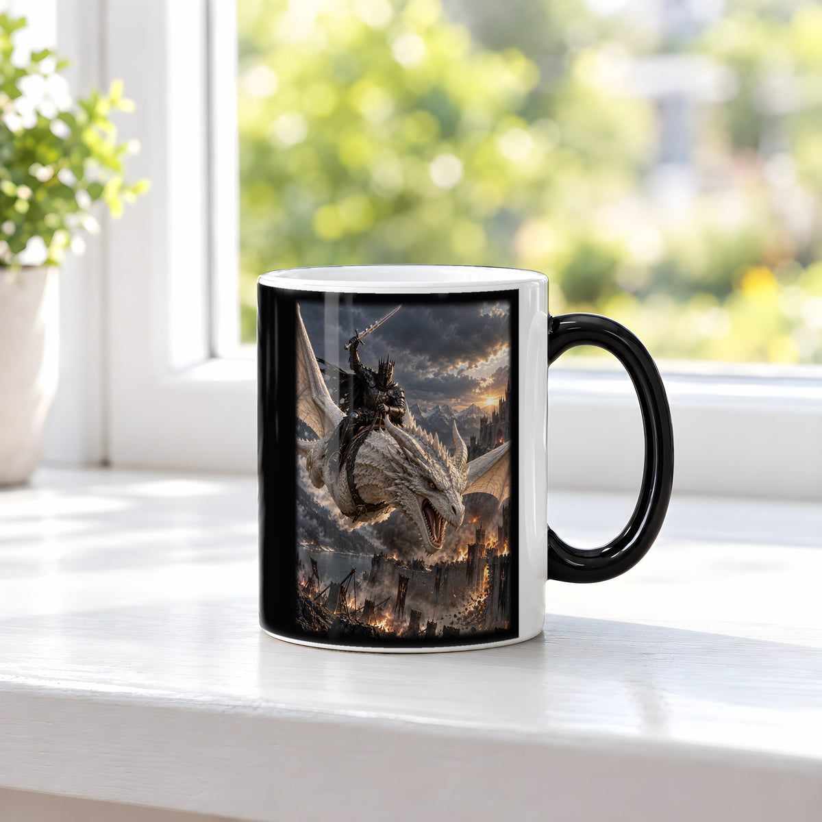 Anflug auf die Festung – Drachen-Tasse, Black Edition, am Fenster