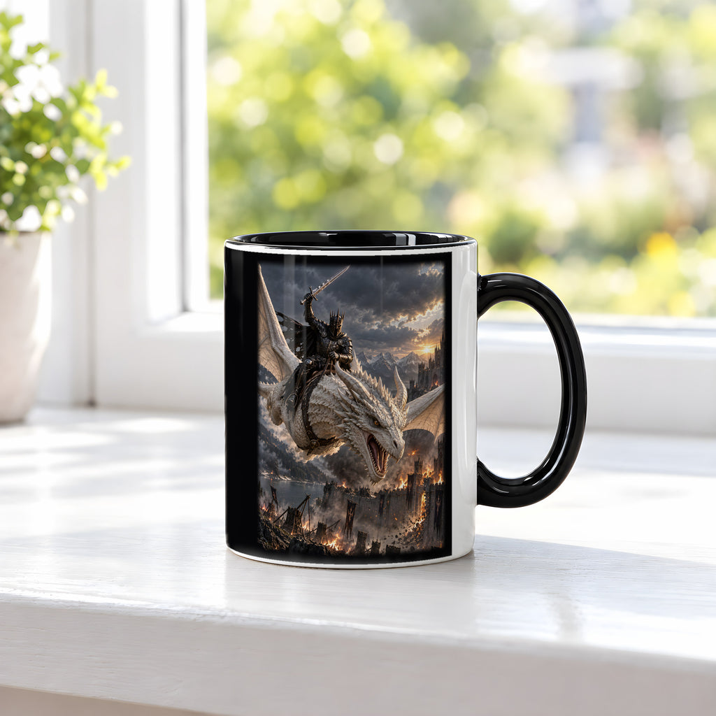 Anflug auf die Festung – Drachen-Tasse, innen schwarz, am Fenster