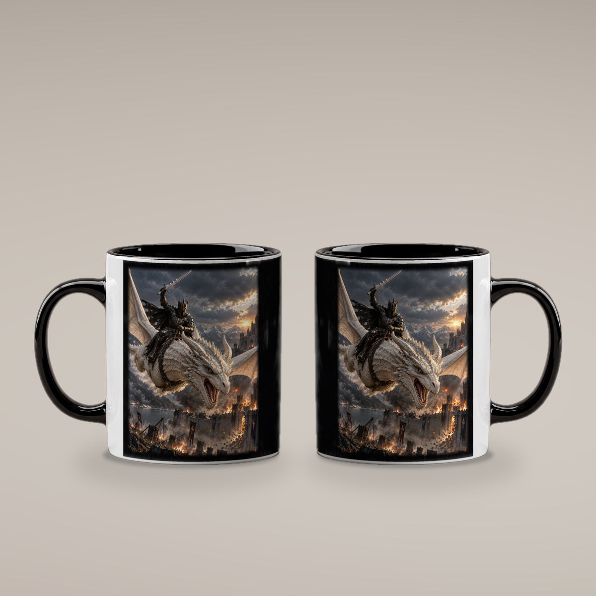 Anflug auf die Festung – Drachen-Tasse, innen schwarz, beide Motivseiten
