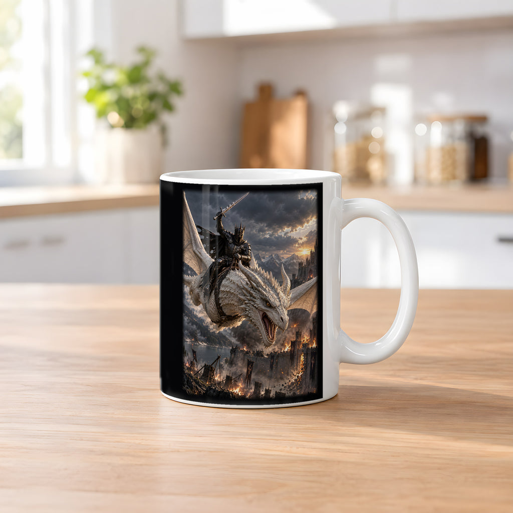 Anflug auf die Festung – Drachen-Tasse, weiß, Küchenszene