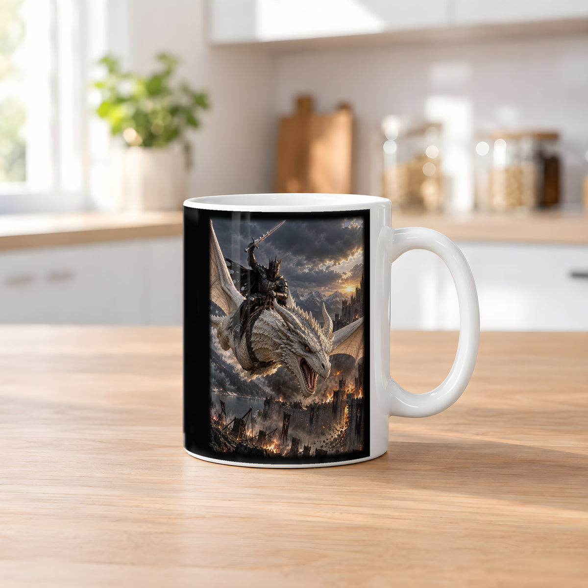 Anflug auf die Festung – Drachen-Tasse, weiß, Küchenszene
