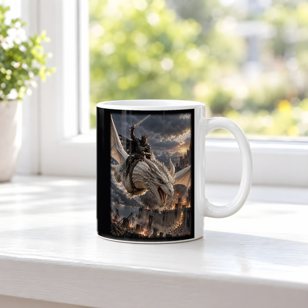 Anflug auf die Festung – Drachen-Tasse, weiß, am Fenster