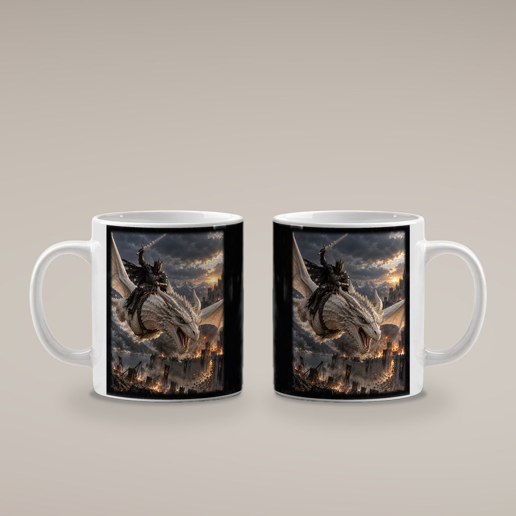 Anflug auf die Festung – Drachen-Tasse, weiß, beide Motivseiten