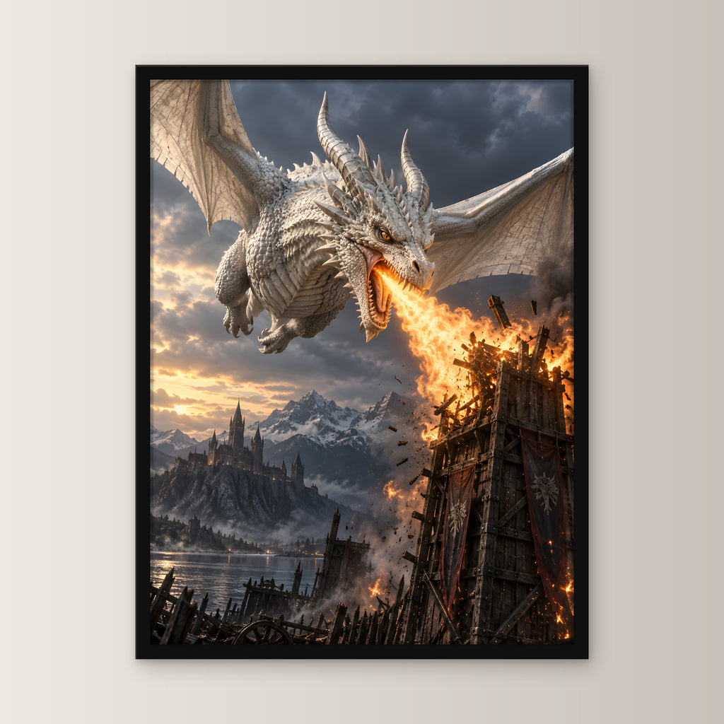 Feuer des Wächters – Drachen-Wandbild im schwarzen Holzrahmen, Frontansicht