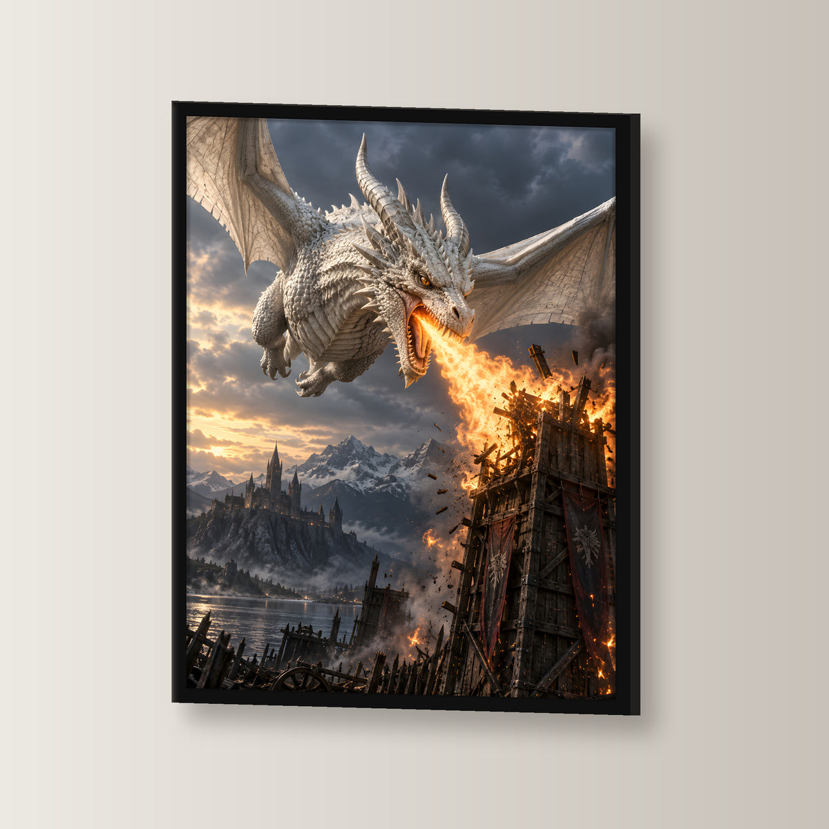 Feuer des Wächters – Drachen-Wandbild im schwarzen Holzrahmen, seitliche Ansicht
