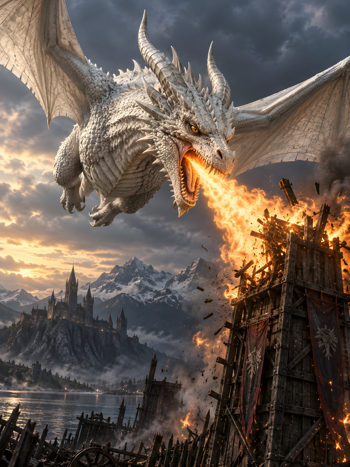 Feuer des Wächters – Drachen-Wandbild im schwarzen Holzrahmen, Motiv im Detail