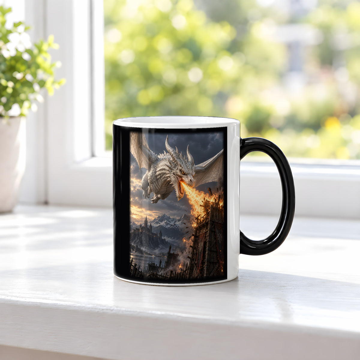 Feuer des Wächters – Drachen-Tasse, Black Edition, am Fenster