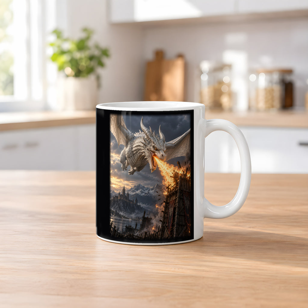 Feuer des Wächters – Drachen-Tasse, weiß, Küchenszene