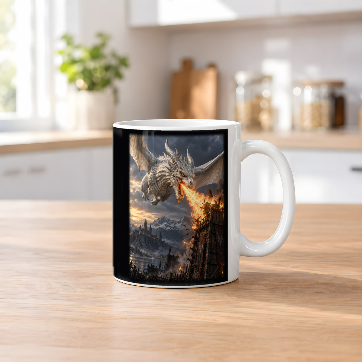 Feuer des Wächters – Drachen-Tasse, weiß, Küchenszene