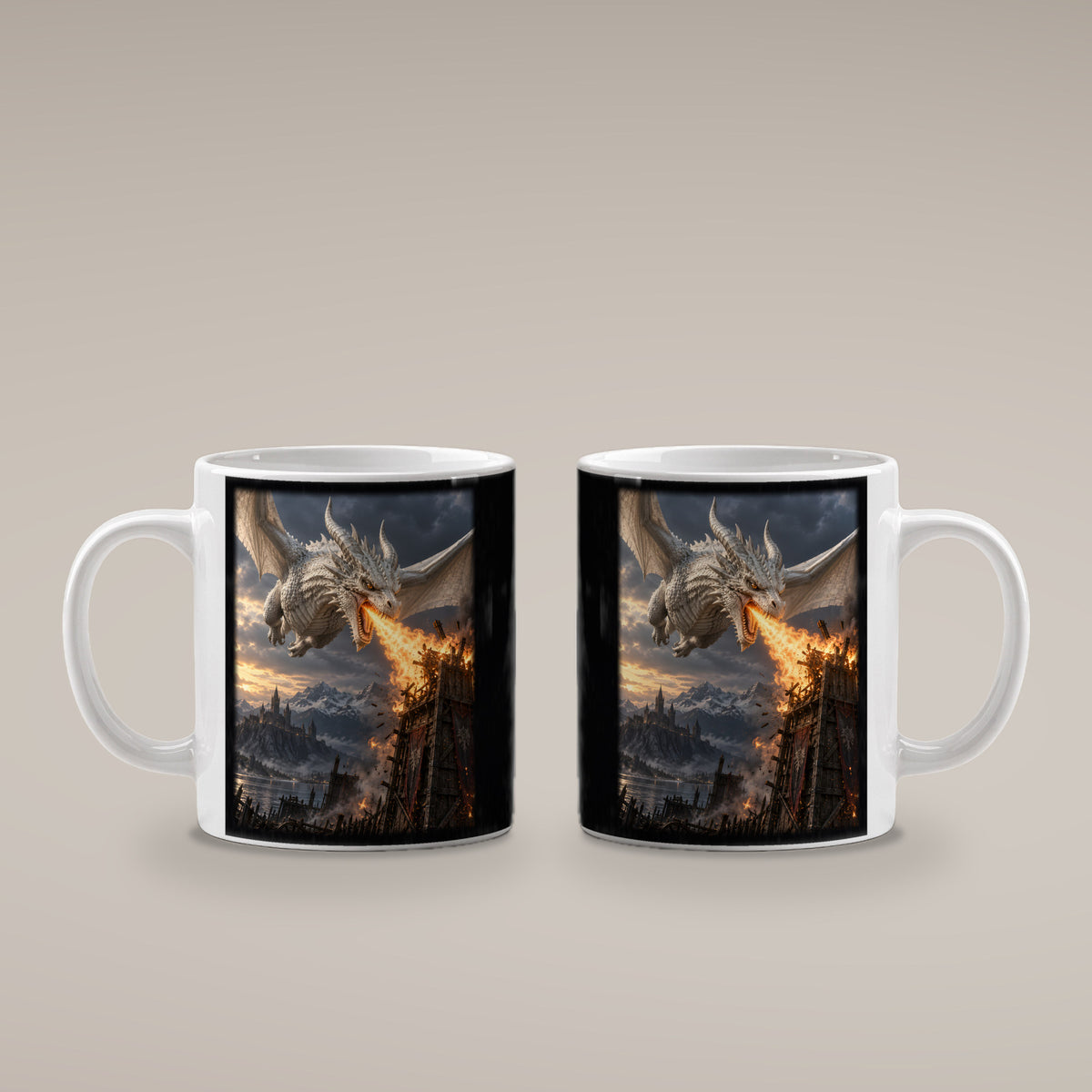 Feuer des Wächters – Drachen-Tasse, weiß, beide Motivseiten
