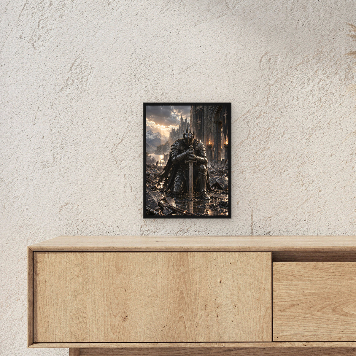 Der letzte Stand – Ritter-Wandbild im schwarzen Holzrahmen, Wohnraum