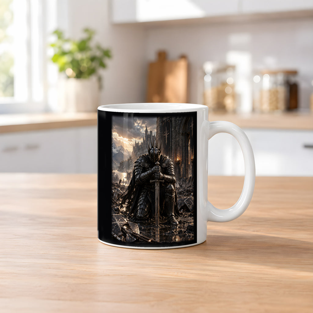 Der letzte Stand – Ritter-Tasse, weiß, Küchenszene