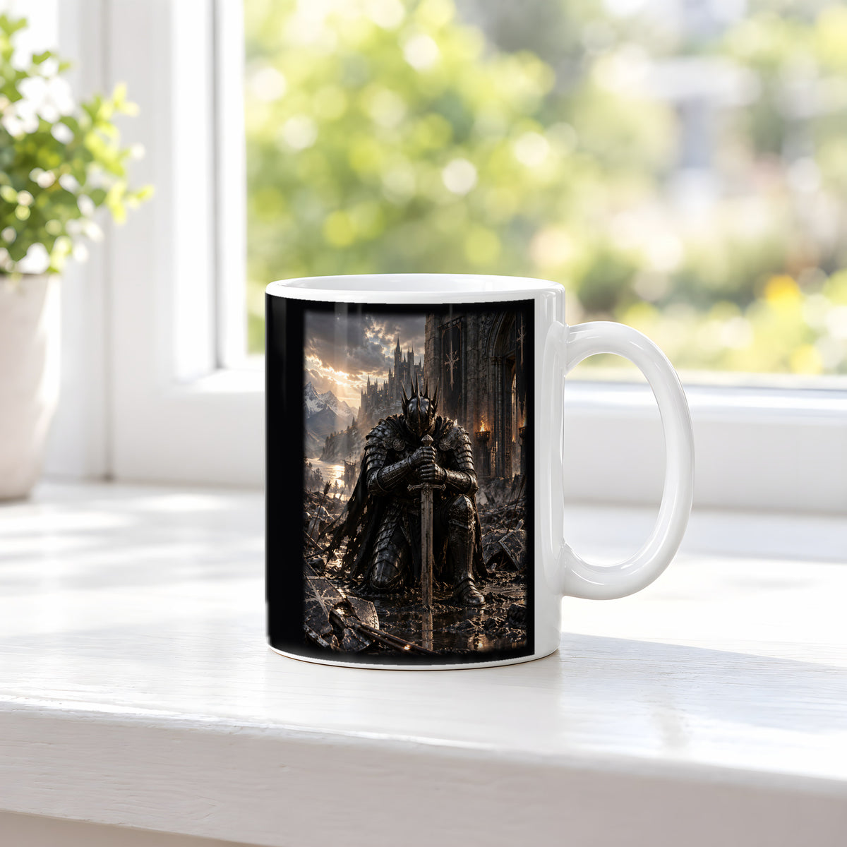 Der letzte Stand – Ritter-Tasse, weiß, am Fenster