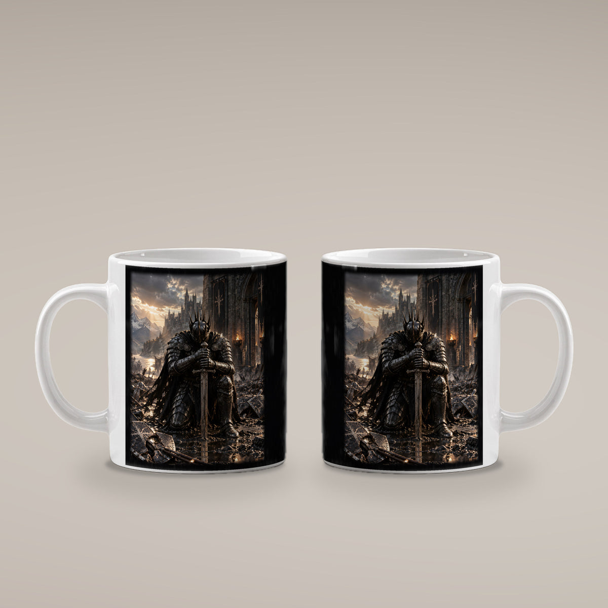 Der letzte Stand – Ritter-Tasse, weiß, beide Motivseiten
