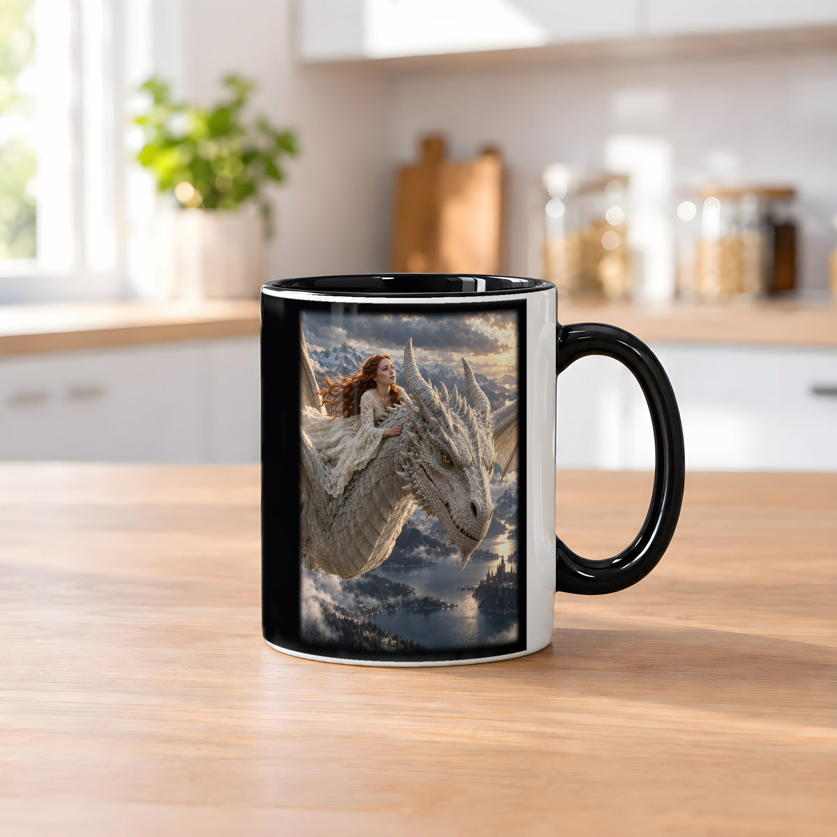 Sicher durch den Sturm – Drachen-Tasse, innen schwarz, Küchenszene
