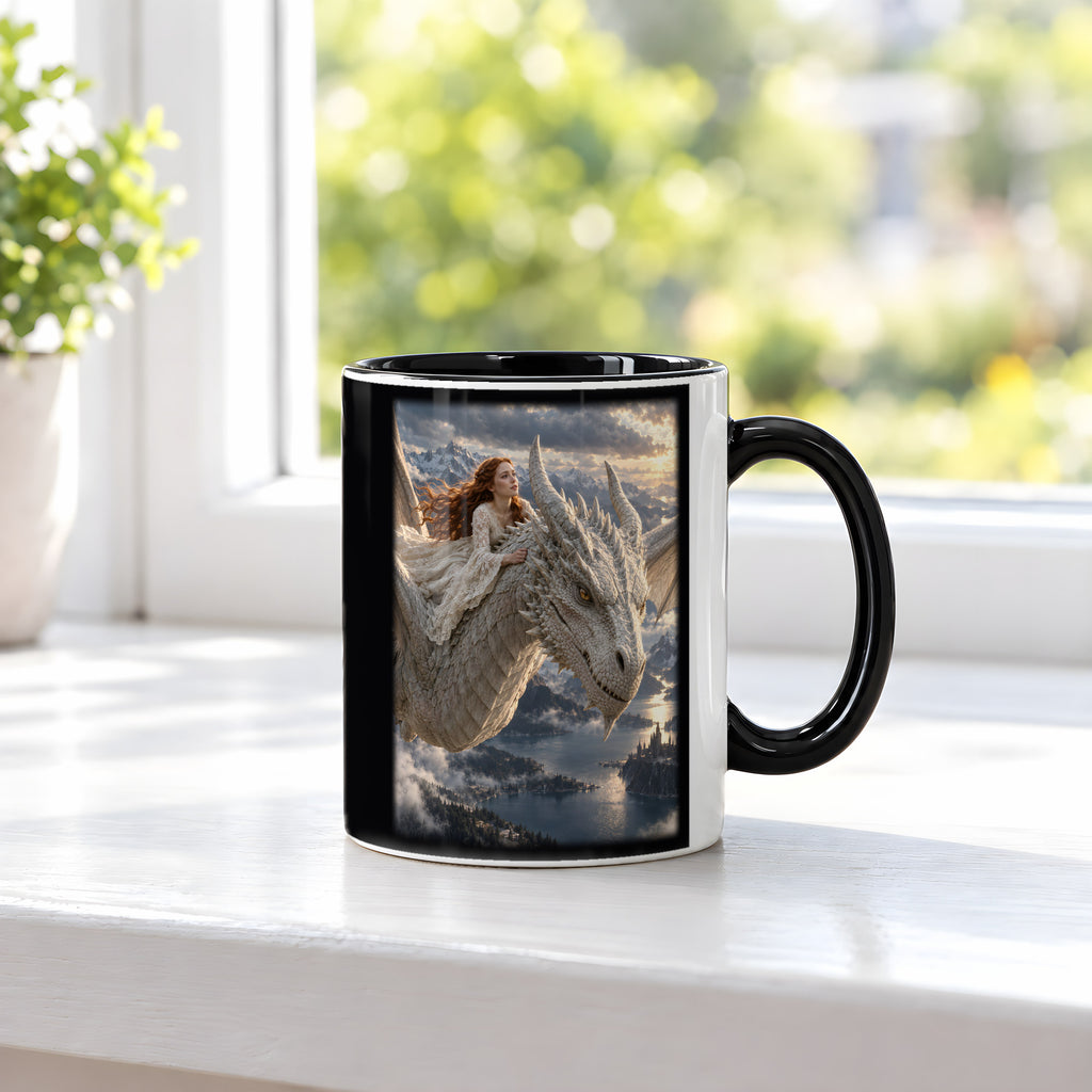 Sicher durch den Sturm – Drachen-Tasse, innen schwarz, am Fenster