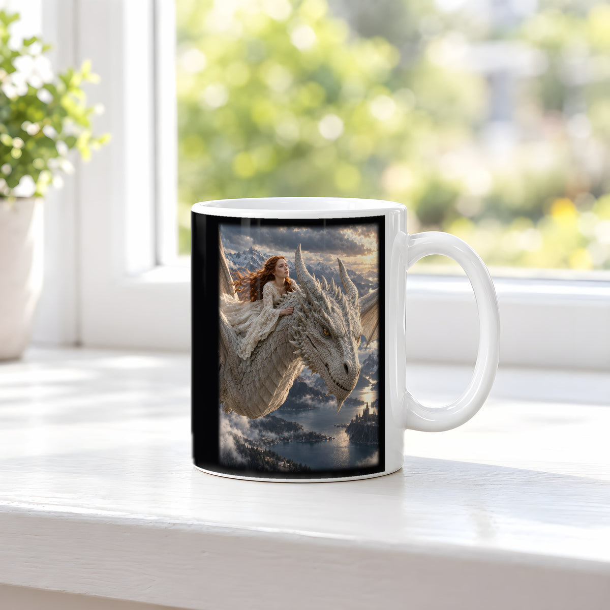 Sicher durch den Sturm – Drachen-Tasse, weiß, am Fenster