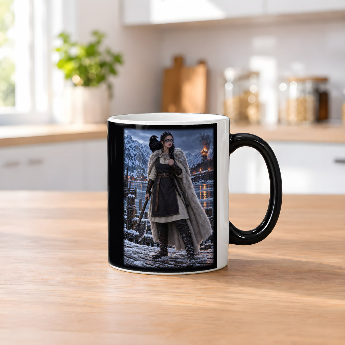 Rabenschildmaid am Fjord – Wikinger-Tasse, Black Edition, Küchenszene