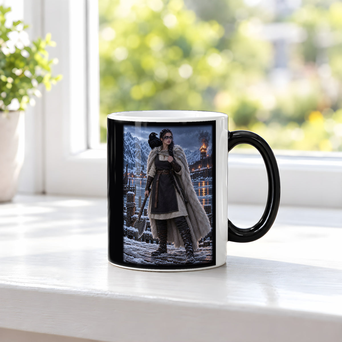 Rabenschildmaid am Fjord – Wikinger-Tasse, Black Edition, am Fenster