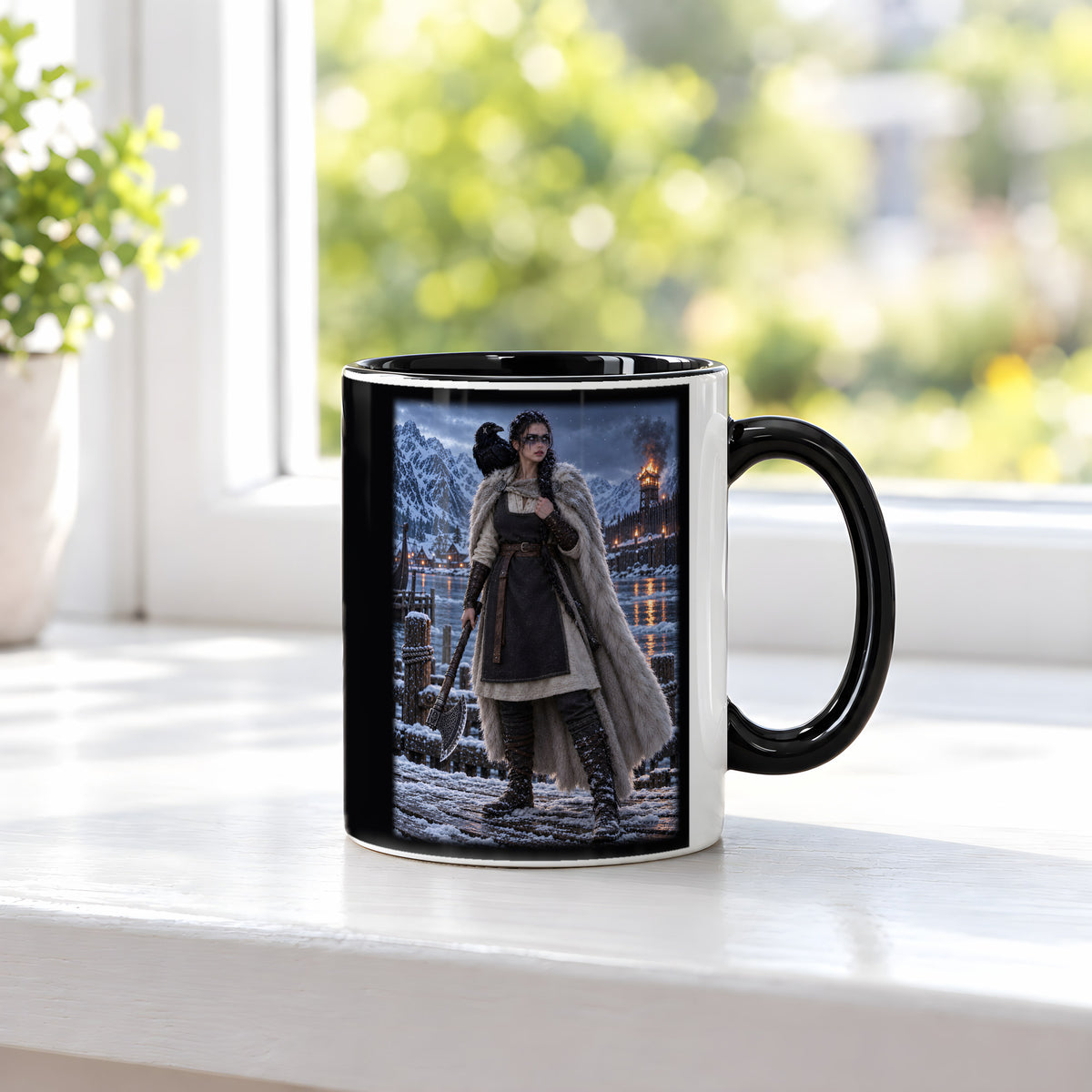 Rabenschildmaid am Fjord – Wikinger-Tasse, innen schwarz, am Fenster