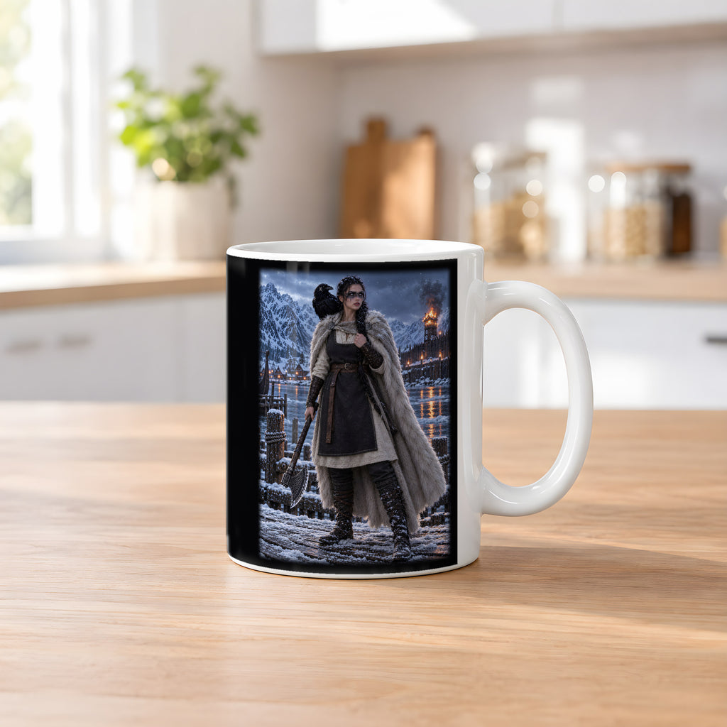 Rabenschildmaid am Fjord – Wikinger-Tasse, weiß, Küchenszene