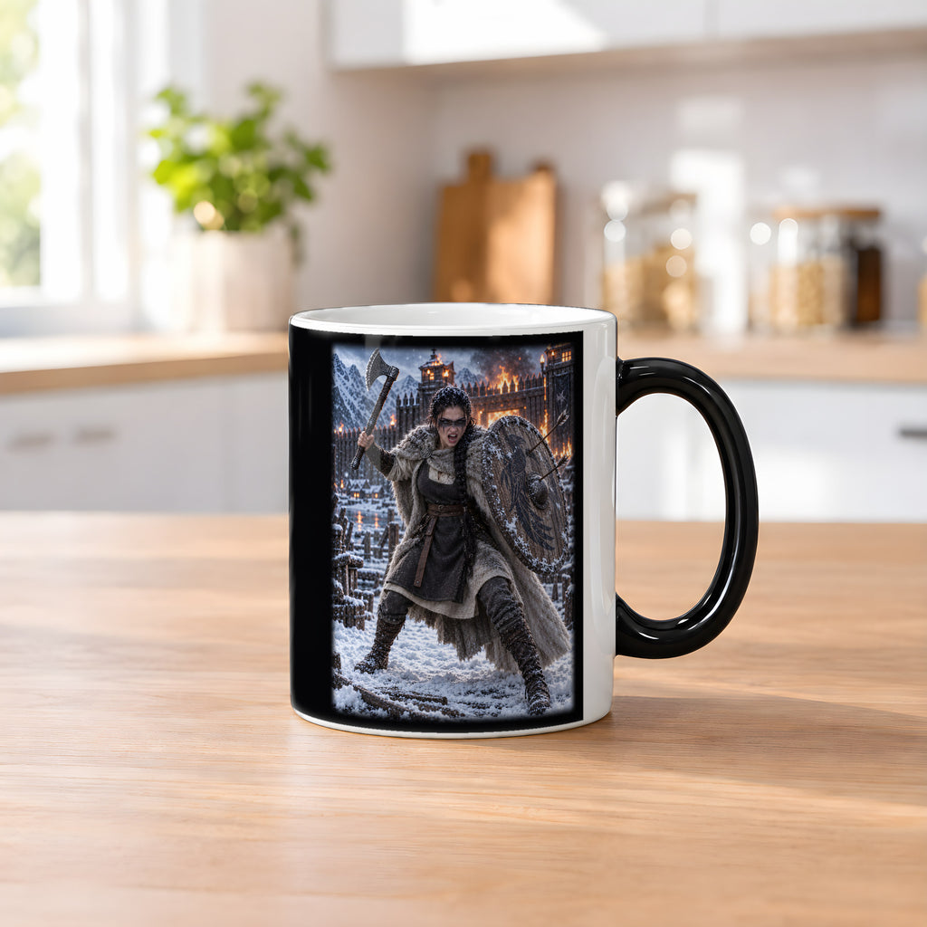 Rabenschildmaid am brennenden Tor – Wikinger-Tasse, Black Edition, Küchenszene
