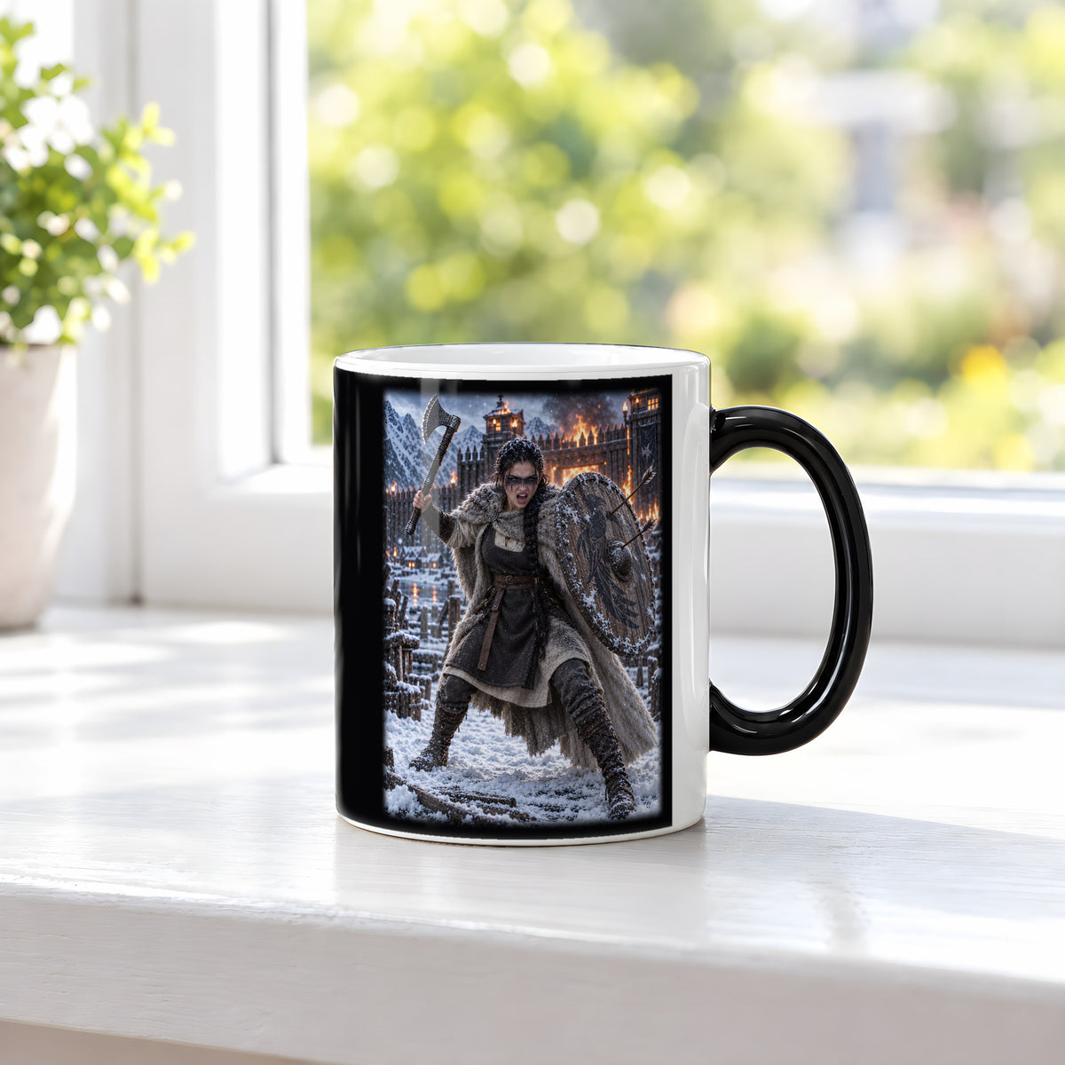 Rabenschildmaid am brennenden Tor – Wikinger-Tasse, Black Edition, am Fenster