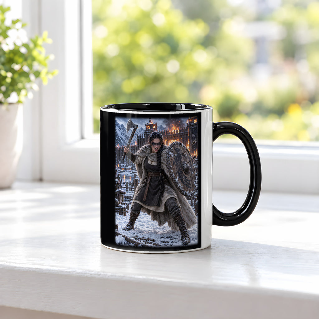 Rabenschildmaid am brennenden Tor – Wikinger-Tasse, innen schwarz, am Fenster