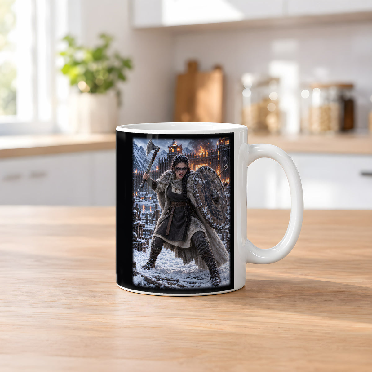 Rabenschildmaid am brennenden Tor – Wikinger-Tasse, weiß, Küchenszene