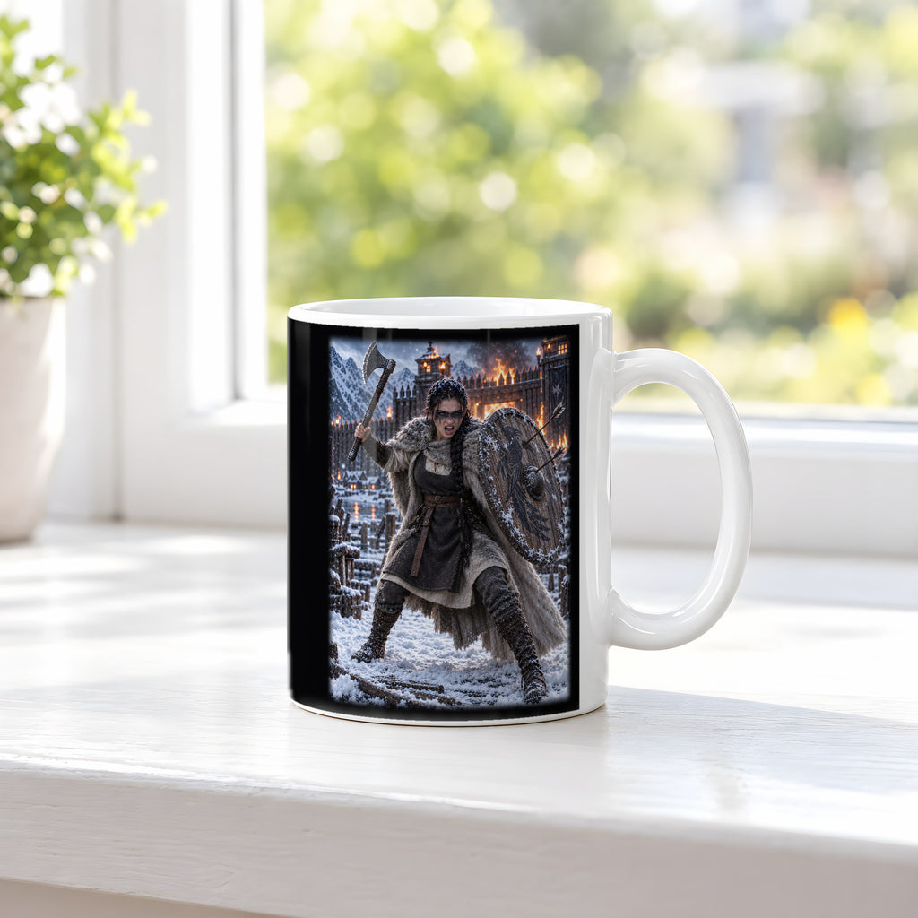Rabenschildmaid am brennenden Tor – Wikinger-Tasse, weiß, am Fenster