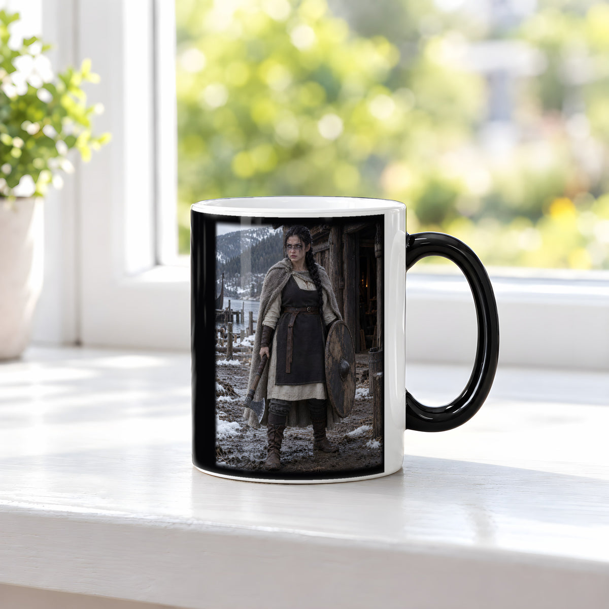 Entschluss der Schildmaid – Wikinger-Tasse, Black Edition, am Fenster