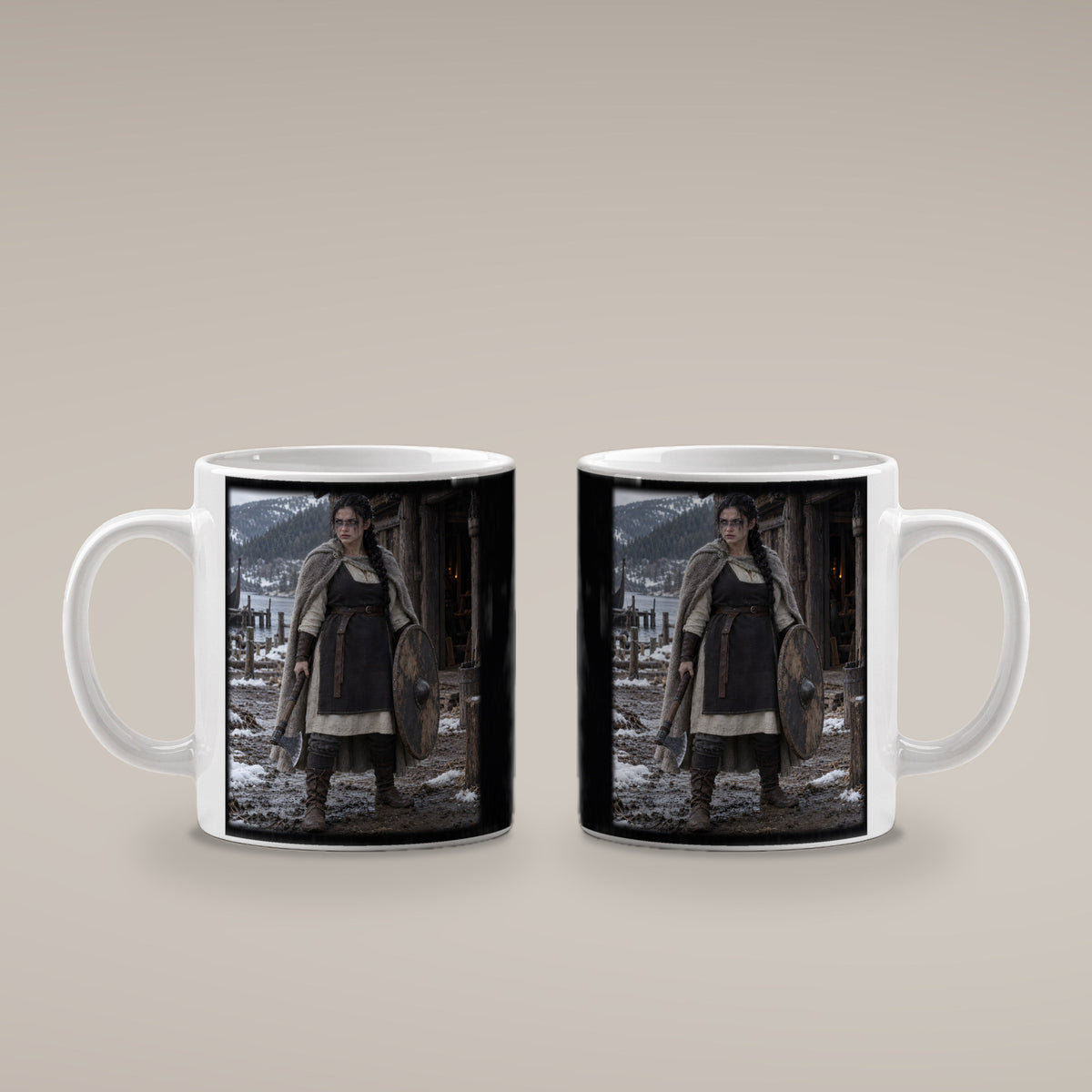 Entschluss der Schildmaid – Wikinger-Tasse, weiß, beide Motivseiten