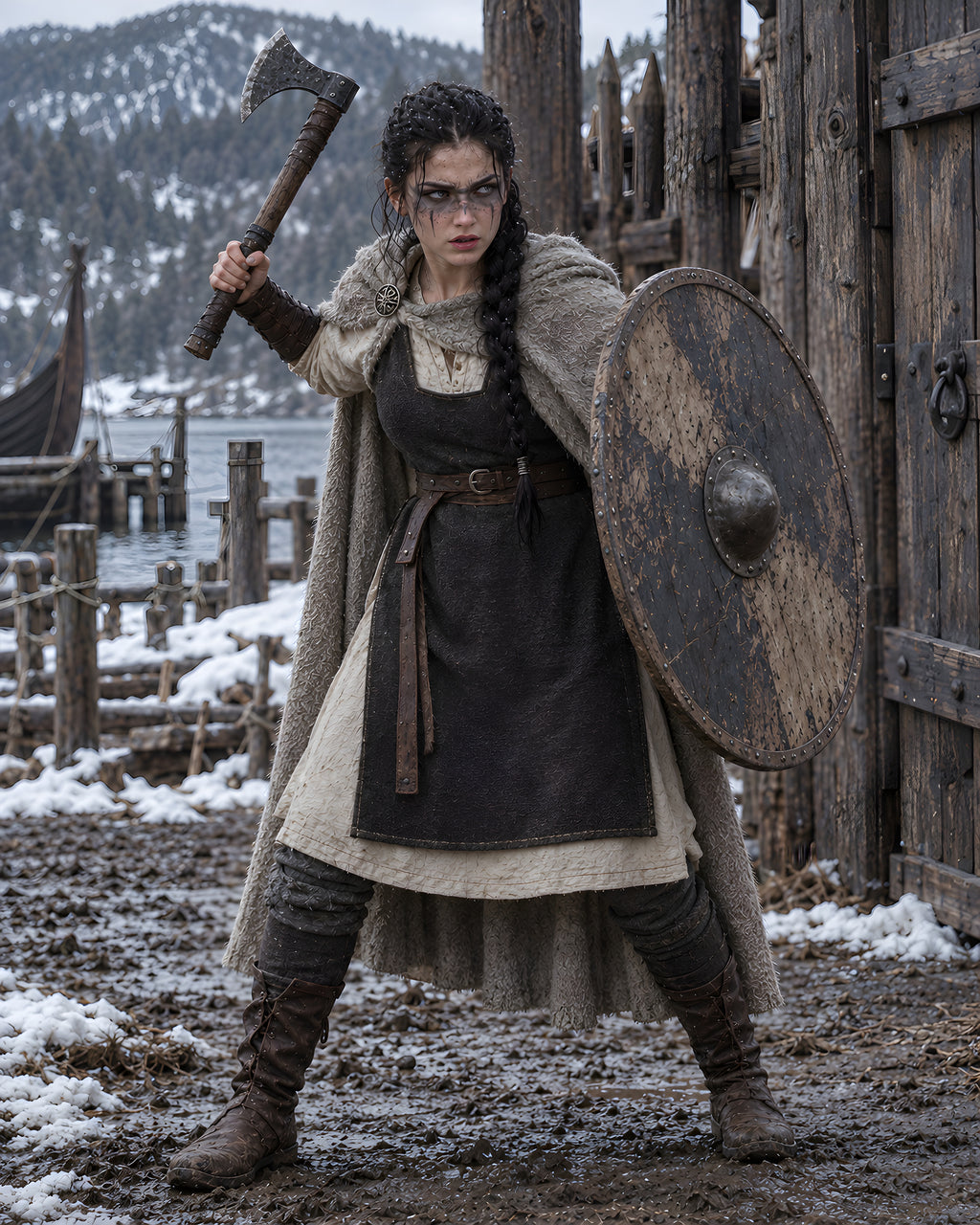Schildmaid hält das Tor – Wikinger-Wandbild im schwarzen Holzrahmen, Motiv im Detail