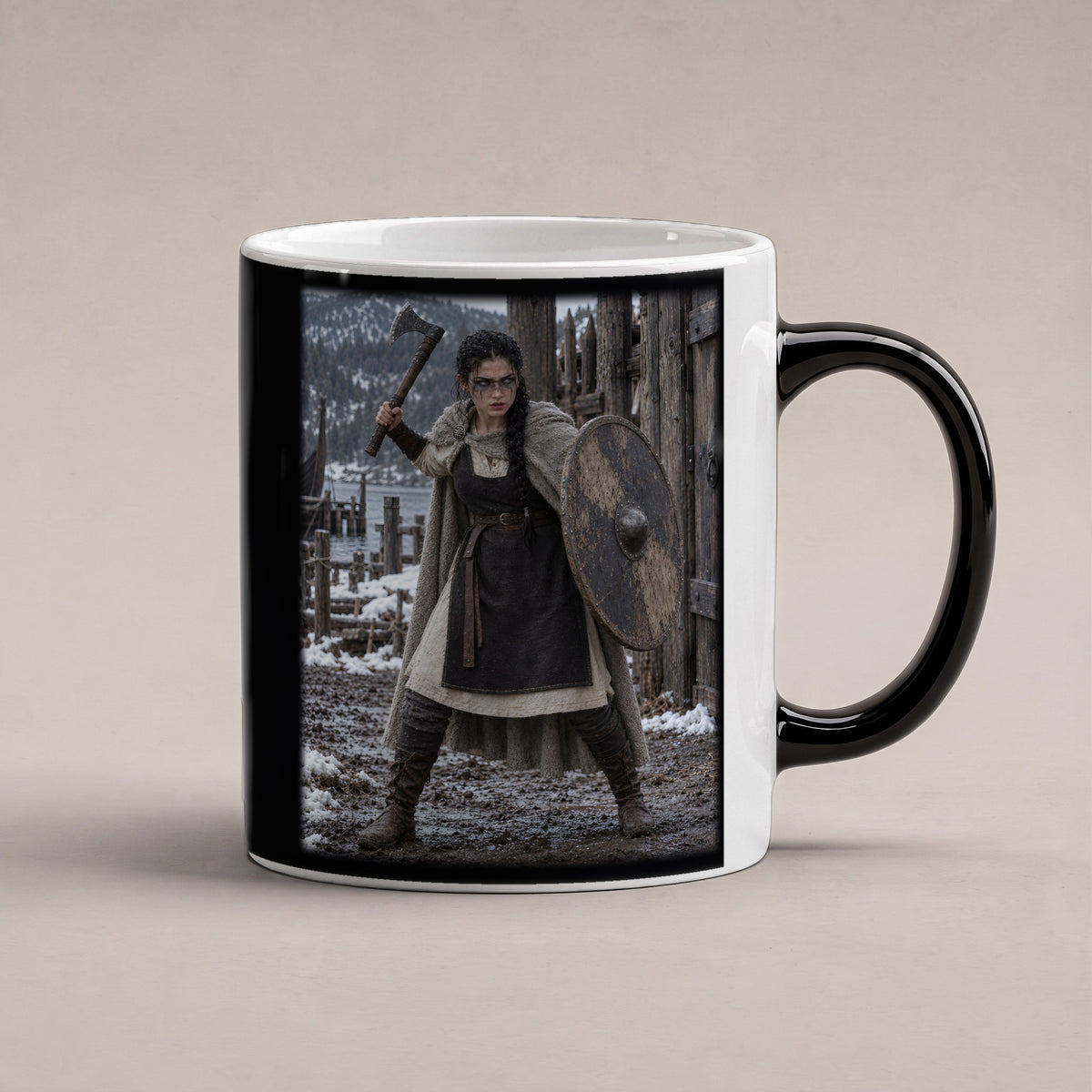 Schildmaid hält das Tor – Wikinger-Tasse, Black Edition, Studioansicht