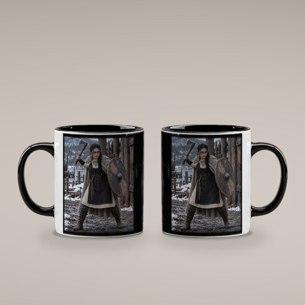 Schildmaid hält das Tor – Wikinger-Tasse, innen schwarz, beide Motivseiten