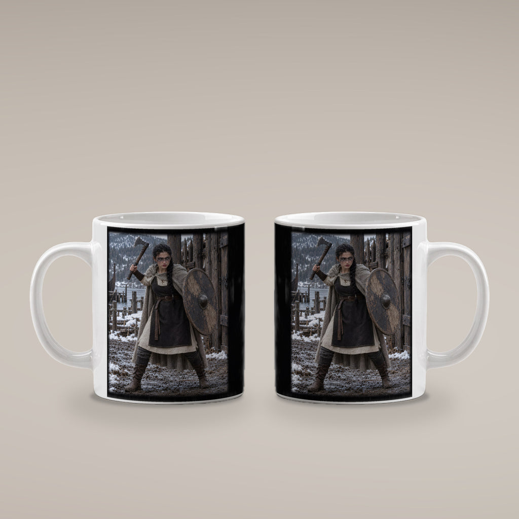 Schildmaid hält das Tor – Wikinger-Tasse, weiß, beide Motivseiten