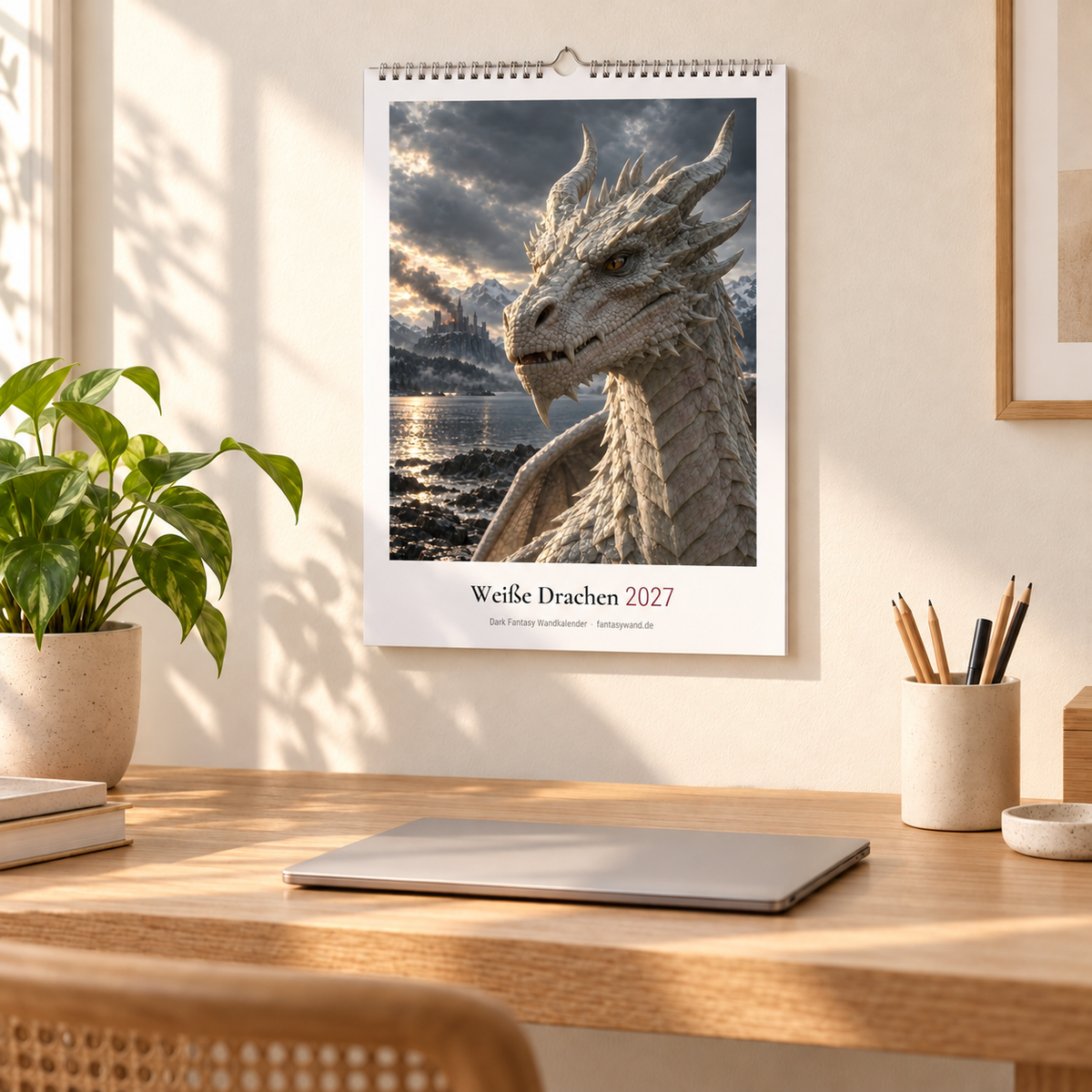 Weiße Drachen Kalender 2027 groß über hellem Schreibtisch mit Laptop, KI-Raumvisualisierung