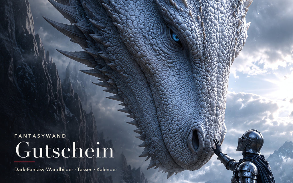 Gutscheinkarte Fantasywand – Ritter berührt den Drachen
