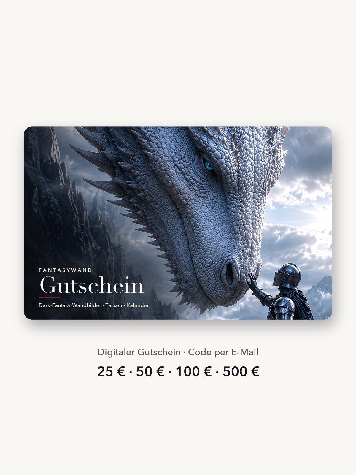 Fantasywand Geschenkgutschein – Karte mit Drache und Ritter, 25 bis 500 Euro