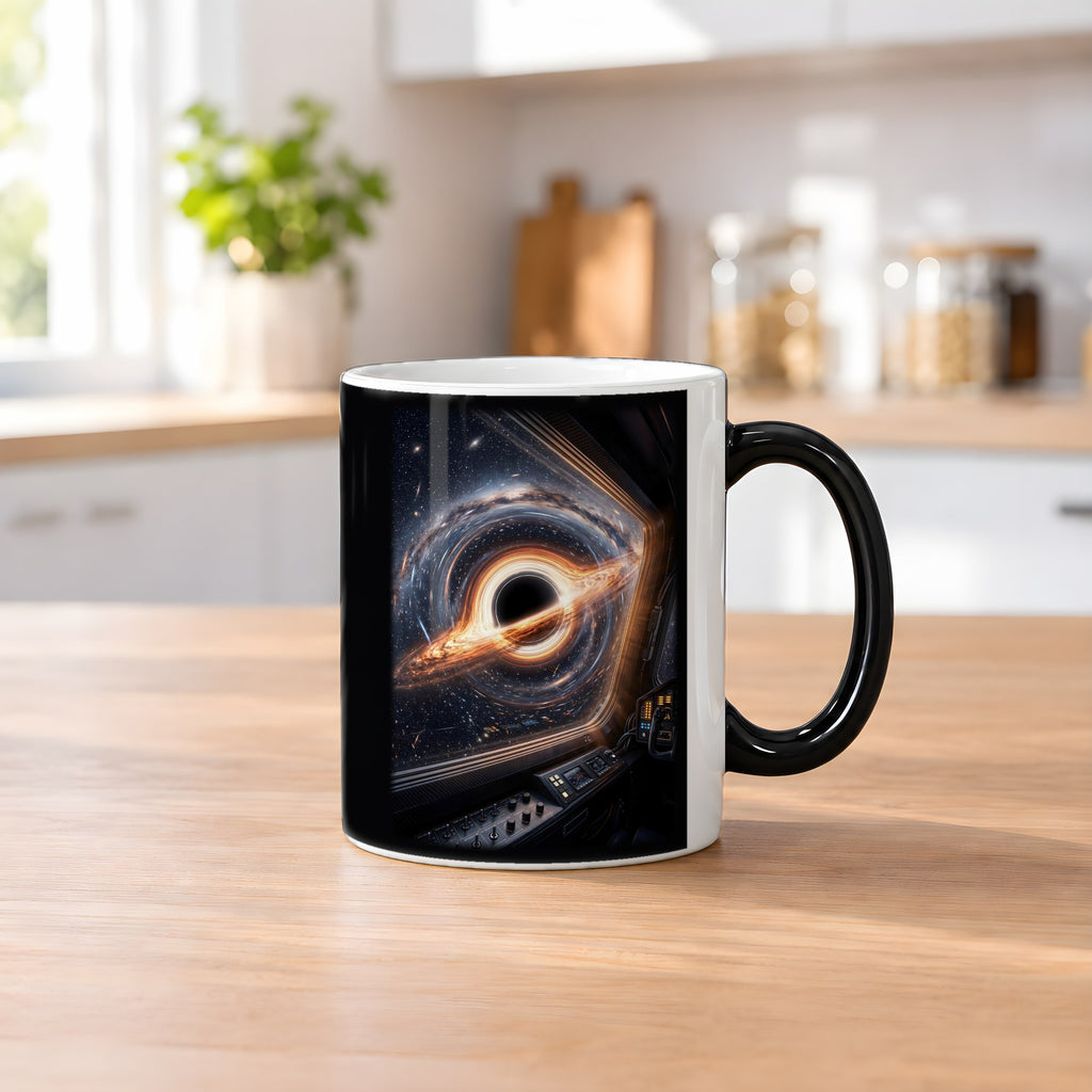 Anflug auf den Abgrund – Black Edition Zaubertasse mit Motiv (heiß), auf dem Küchentresen