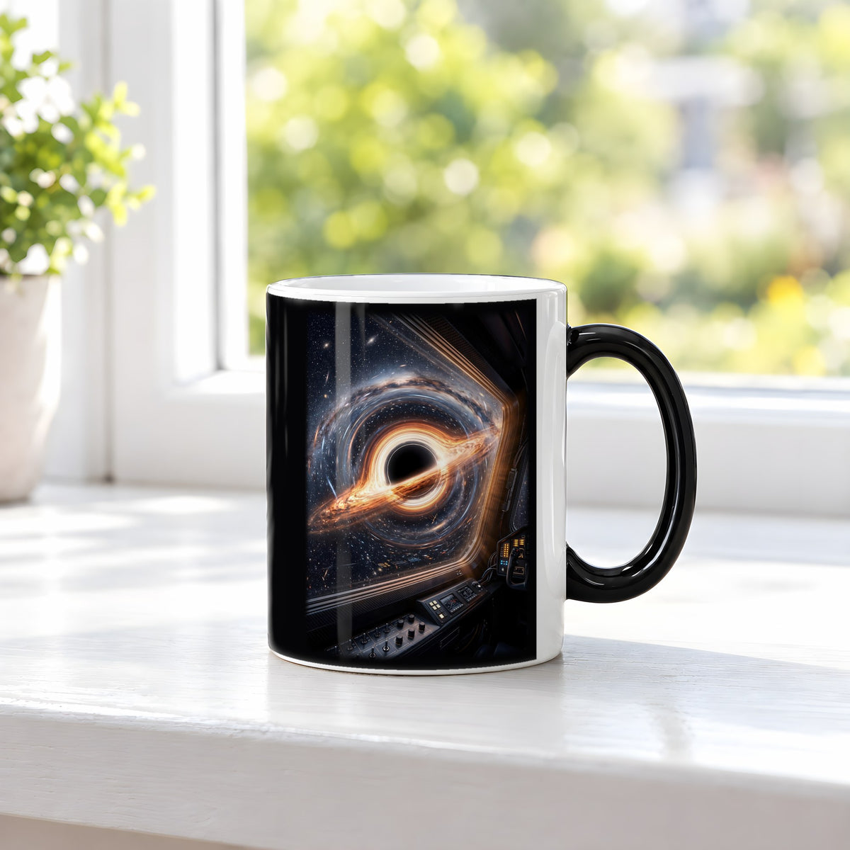 Anflug auf den Abgrund – Black Edition Zaubertasse mit Motiv (heiß), auf der Fensterbank